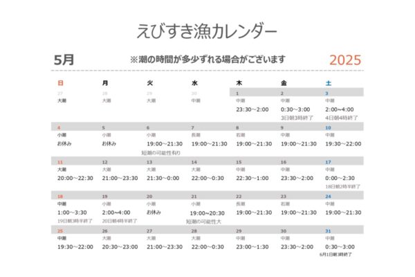 2025年度　最新　えびすき漁＆シーバスフィッシング　カレンダー 5月